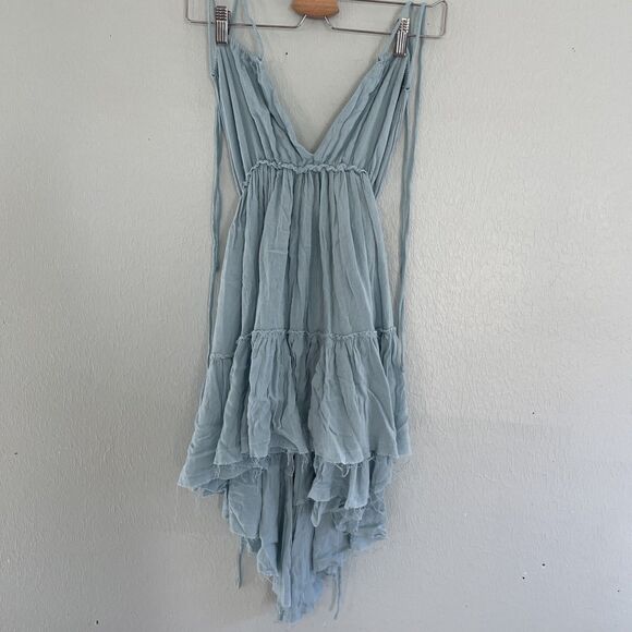 Dusty Blue Boho Ruffle Tiered High Low Sleeveless Maxi Festival Tank Halter Top - Picture 1 of 5